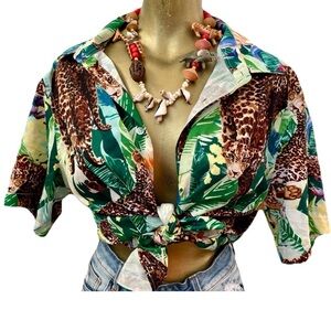 Tropical LEOPARD and Palm Leaf Print Button Down Resort Cruise SHIRT Size Large